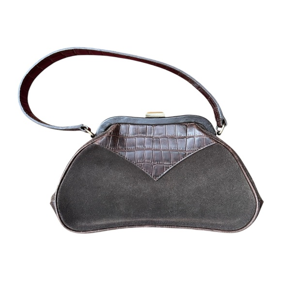 Vintage Laura Ashley Brown Leather Suede & Faux Croc Clasp Handbag - Picture 2 of 11